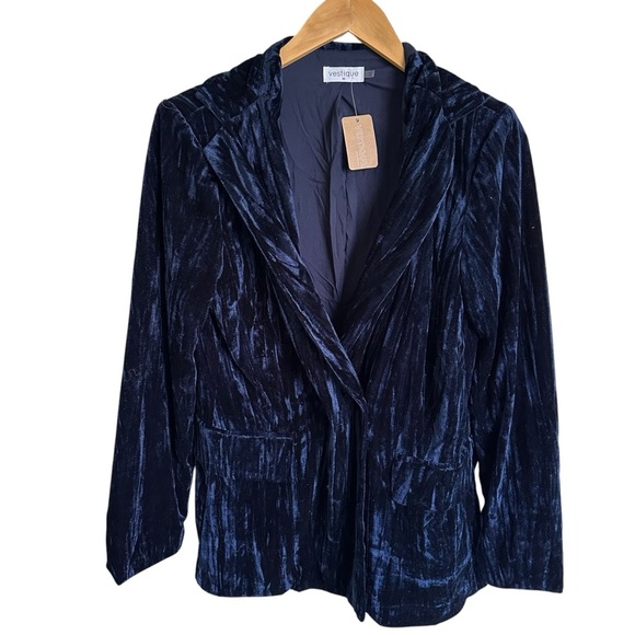 NWT Vestique Medium Blue Crushed Velvet Blazer Jacket Starry Night Double Breast - Picture 1 of 6